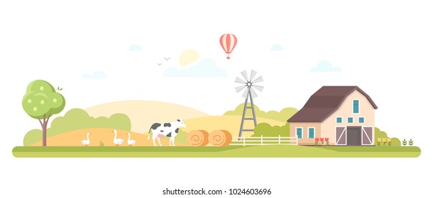 Rural landscape - modern flat design style vector illustration on white background. A composition with a barn, windmill, farm animals, haystacks. High quality image for a banner, flyer, presentation