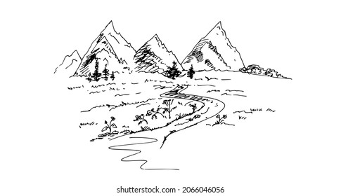 Rural landscape with  mountains, alpine meadow. Vector illustration. Sketch.