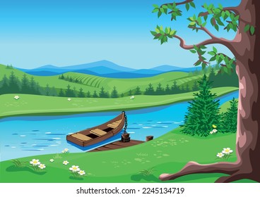 Rural landscape with mountains, flowers, meadow, big old tree, river and boat. The boat is tied to the pier. Background vector illustration.