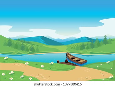 Rural landscape with mountains, flowers, path, river and boat. The boat is tied to the pier. Background vector illustration.