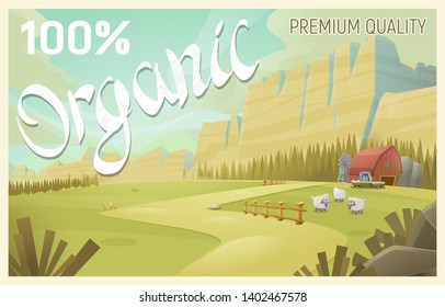 Rural landscape with mountains, forest, fields. Countryside nature background in retro style. Vector illustration with text.