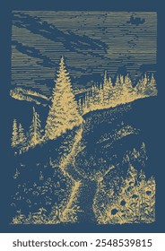 Rural landscape in the mountains. Ink sketch converted to vector
