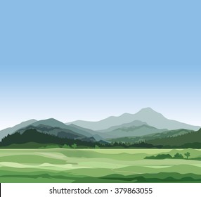 Rural landscape with mountains. Vector countryside view with forest, field and hills