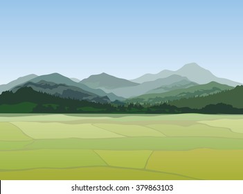 Rural landscape with mountains. Vector countryside view 