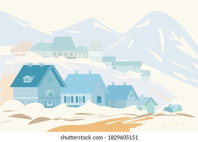 Paisaje rural con montañas en invierno. Ilustración del vector