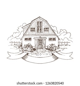 Rural landscape with old farmhouse and garden. Hand drawn illustration in vintage style. Large residential barn with a wooden fence. Retro ribbon for your text. Vector design