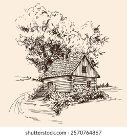 Rural landscape with an old wooden house and tree. Hand sketch on a beige background.