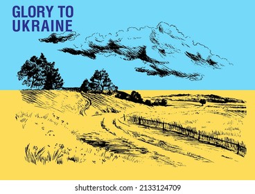 Landschaft auf dem Hintergrund der ukrainischen Flagge. Slogan "Ruhm zur Ukraine". Kann zum Drucken von Plakaten, T-Shirts verwendet werden