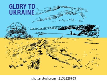Paisaje rural sobre el fondo de la bandera ucraniana. Lema "Gloria a Ucrania". Se puede usar para imprimir afiches, camisetas