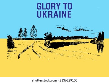Rural landscape on the background of the Ukrainian flag. Slogan "Glory to Ukraine". Can be used to print posters, t-shirts