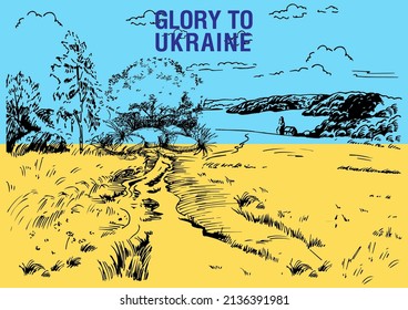 Rural landscape on the background of the Ukrainian flag. Slogan "Glory to Ukraine". Can be used to print posters, t-shirts