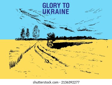 Paisaje rural sobre el fondo de la bandera ucraniana. Lema "Gloria a Ucrania". Se puede usar para imprimir afiches, camisetas