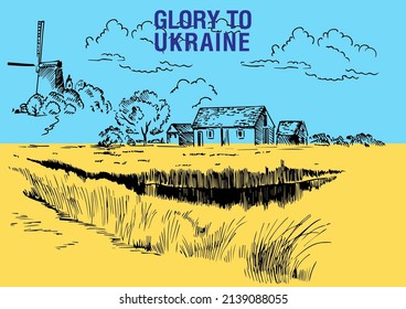 Landschaft auf dem Hintergrund der ukrainischen Flagge. Slogan "Ruhm zur Ukraine". Kann zum Drucken von Plakaten, T-Shirts verwendet werden