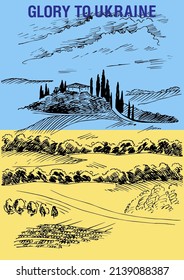 Rural landscape on the background of the Ukrainian flag. Slogan "Glory to Ukraine". Can be used to print posters, t-shirts