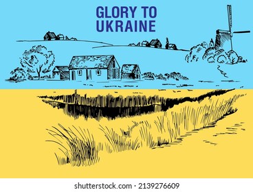 Rural landscape on the background of the Ukrainian flag. Slogan "Glory to Ukraine". Can be used to print posters, t-shirts