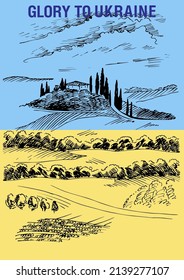 Paisaje rural sobre el fondo de la bandera ucraniana. Lema "Gloria a Ucrania". Se puede usar para imprimir afiches, camisetas