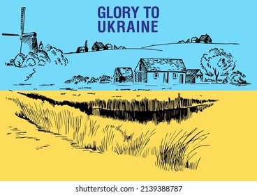 Rural landscape on the background of the Ukrainian flag. Slogan "Glory to Ukraine". Can be used to print posters, t-shirts