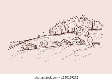 Paisaje rural sobre un fondo rosado.  Esbozar ilustraciones vectoriales hechas a mano con las casas de un pueblo en la montaña. Concepto de viajes. Diseño para impresión, postal, afiche, pancarta
