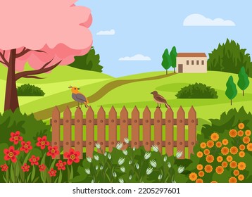 Rural landscape on a sunny day. Scene with fence, flowers and birds, trees, houses, field and hills, birds. Vector drawing. Illustration s for banners, backgrounds, web pages and websites, social