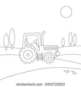 Rural landscape on a sunny day with a tractor in the field. Cartoon vector illustration for coloring book. Black and white.