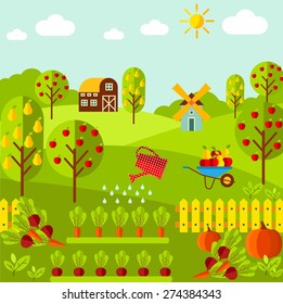 Rural landscape with organic vegetables, fruit garden, farm, mill.
Vector icons collection eco farm products

