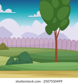 rural landscape. outdoor village background with tree field and wooden fence