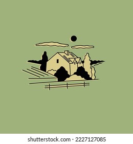 Rural landscape. Outline field, meadow, house, trees, road, clouds. Hand drawn Vector illustration. Minimalistic panoramic sketch of countryside. Isolated icon. Logo, print, poster template
