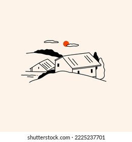 Rural landscape. Outline hills, field, meadow, houses, trees, clouds, sun. Hand drawn Vector illustration. Minimalistic panoramic sketch of countryside. Isolated icon. Logo, print, poster template