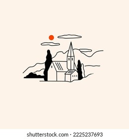 Paisaje rural. Contorno colinas, montañas, casa o iglesia, árboles, nubes. Ilustración de vectores dibujada a mano. Esbozo panorámico minimalista del campo. Icono aislado. Logo, impresión, plantilla de afiches