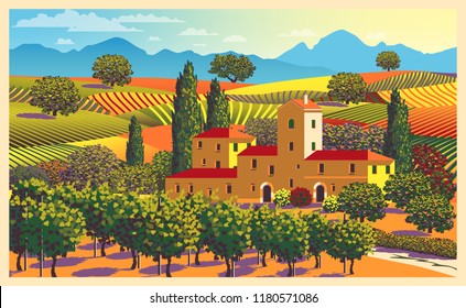 Rural landscape overlooking a farmhouse, vineyard, fields and hills in Tuscany, Italy. Handmade drawing vector illustration. All objects are divided into layers. Poster in flat design.