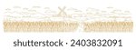 Rural landscape panorama field with a mill. Wheat spikelet in the foreground. Vector line. Editable outline stroke.