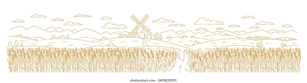 Rural landscape panorama field with a mill. Wheat spikelet in the foreground. Vector line. Editable outline stroke.