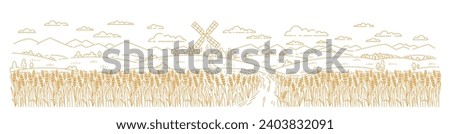 Rural landscape panorama field with a mill. Wheat spikelet in the foreground. Vector line. Editable outline stroke.