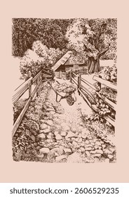 Paisagem rural, panorama de pastagens rurais. Vetor mão desenhada vintage gravado esboço.