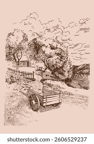 Rural landscape, panorama of rural pastures. Vector hand drawn vintage engraved sketch.