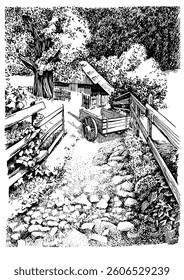 Rural landscape, panorama of rural pastures. Vector hand drawn vintage engraved sketch.