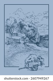Rural landscape, panorama of rural pastures. Vector hand drawn vintage engraved sketch.