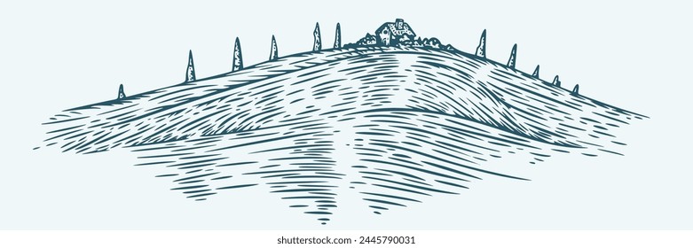 Rural landscape, panoramic environment in monochrome hand draw sketch style. Vector illustration.