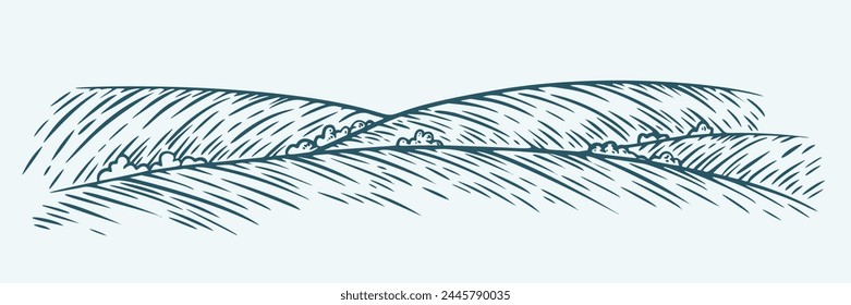 Rural landscape, panoramic environment in monochrome hand draw sketch style. Vector illustration.