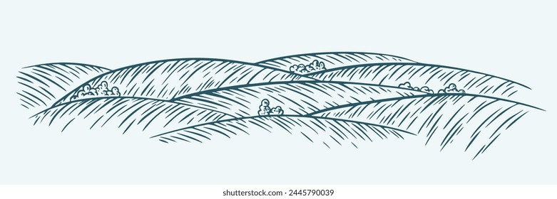 Rural landscape, panoramic environment in monochrome hand draw sketch style. Vector illustration.