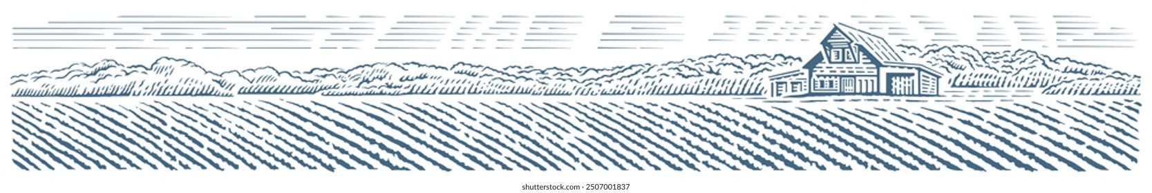 Rural landscape panoramic format with agriculture fields and farm building. Vector illustration.