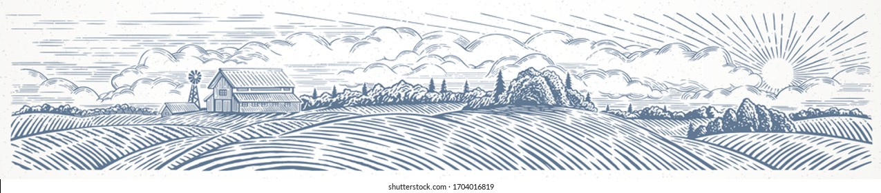 Сельский пейзаж панорамного формата с фермой. Рисованная иллюстрация в стиле гравировки.