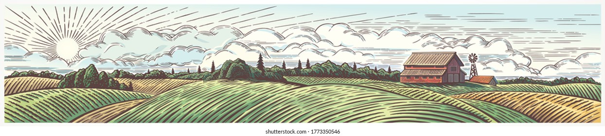 Rural landscape panoramic format with a farm. Illustration in engraving style. Vector illustration.