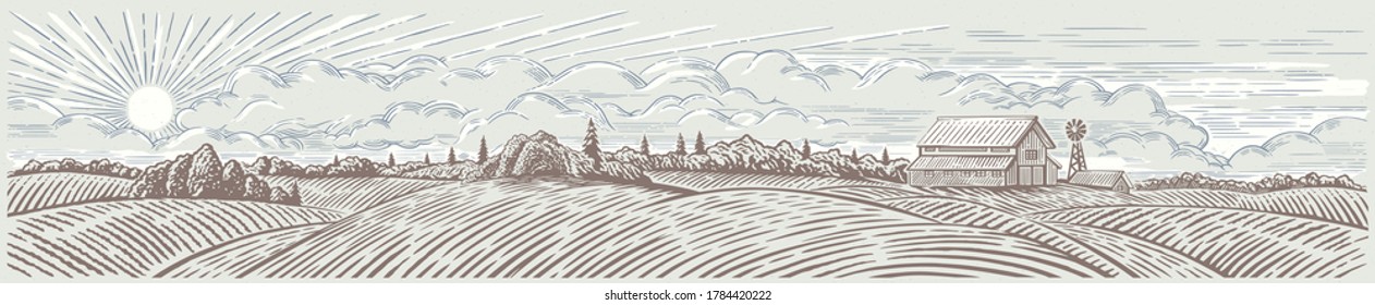 Rural Landscape Panoramic Format With A Farm. Hand Drawn Illustration In Engraving Style.