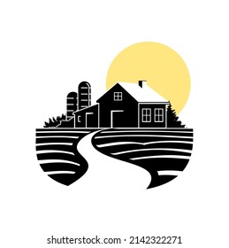 Rural landscape panoramic format with a farm icons vector.