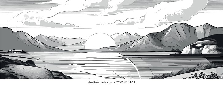 Rural landscape panoramic format with a farm. Hand drawn Illustration in engraving style. eps 10