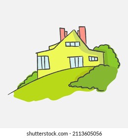 Rural landscape panoramic format with a house, small home, trees. Hand drawn Illustration in engraving style sketch doodle cartoon elements.