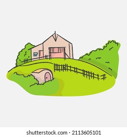 Rural landscape panoramic format with a house, small home, trees. Hand drawn Illustration in engraving style sketch doodle cartoon elements.