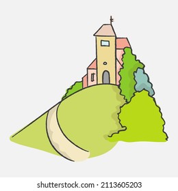 Rural landscape panoramic format with a house, small home, trees. Hand drawn Illustration in engraving style sketch doodle cartoon elements.