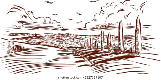 Rural landscape panoramic . Hand drawn Illustration in engraving style.